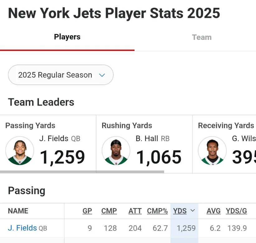 new york jets player stats 2025