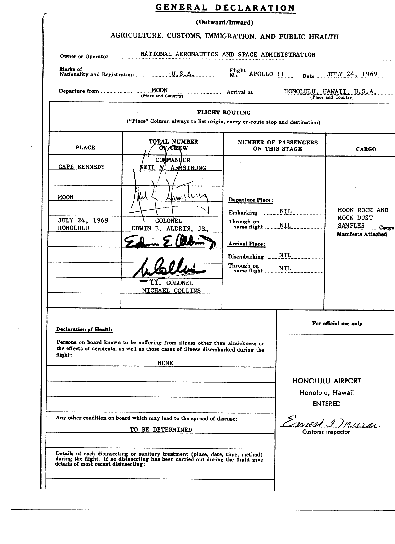 apollo 11 customs declaration
