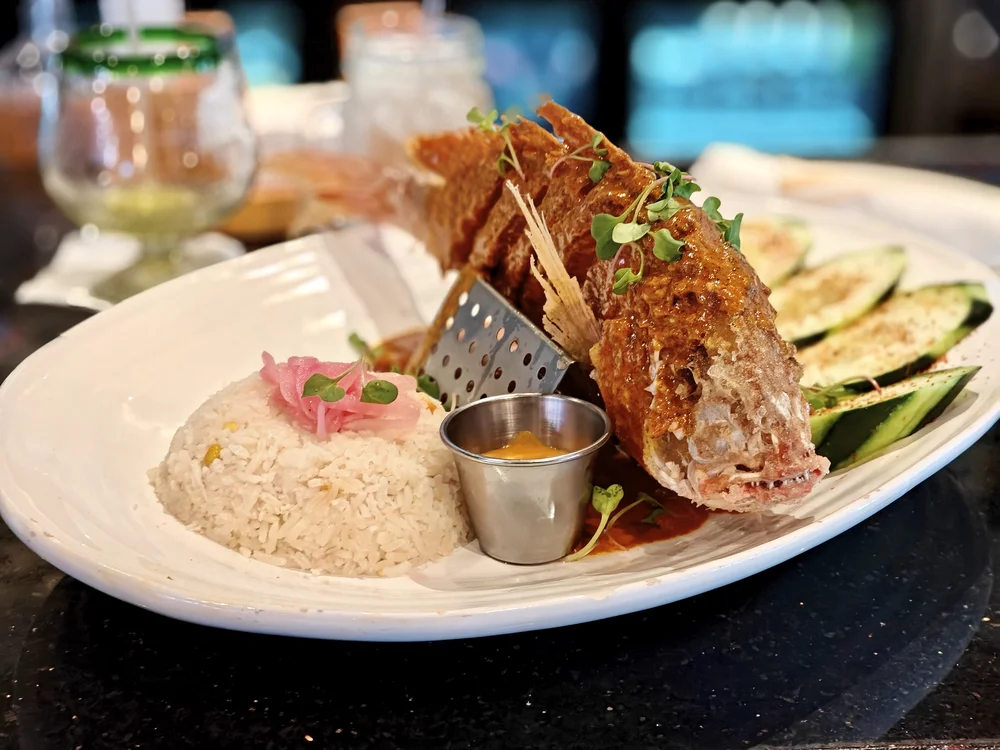 fried red snapper rice pickled onions
