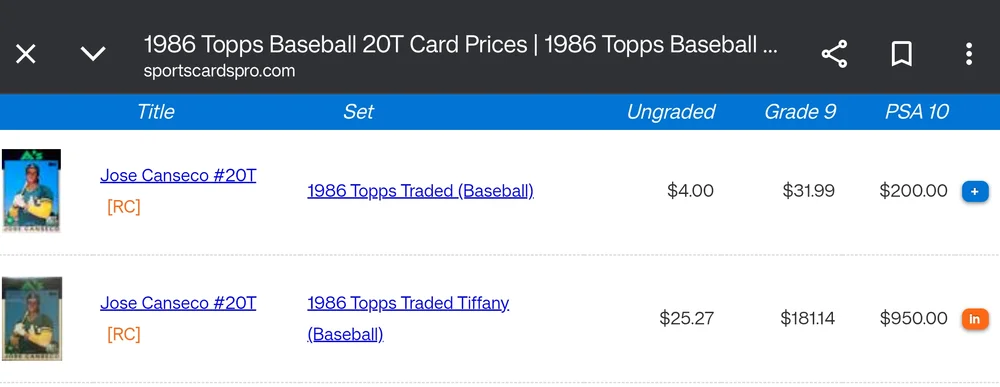 jose canseco rated cards