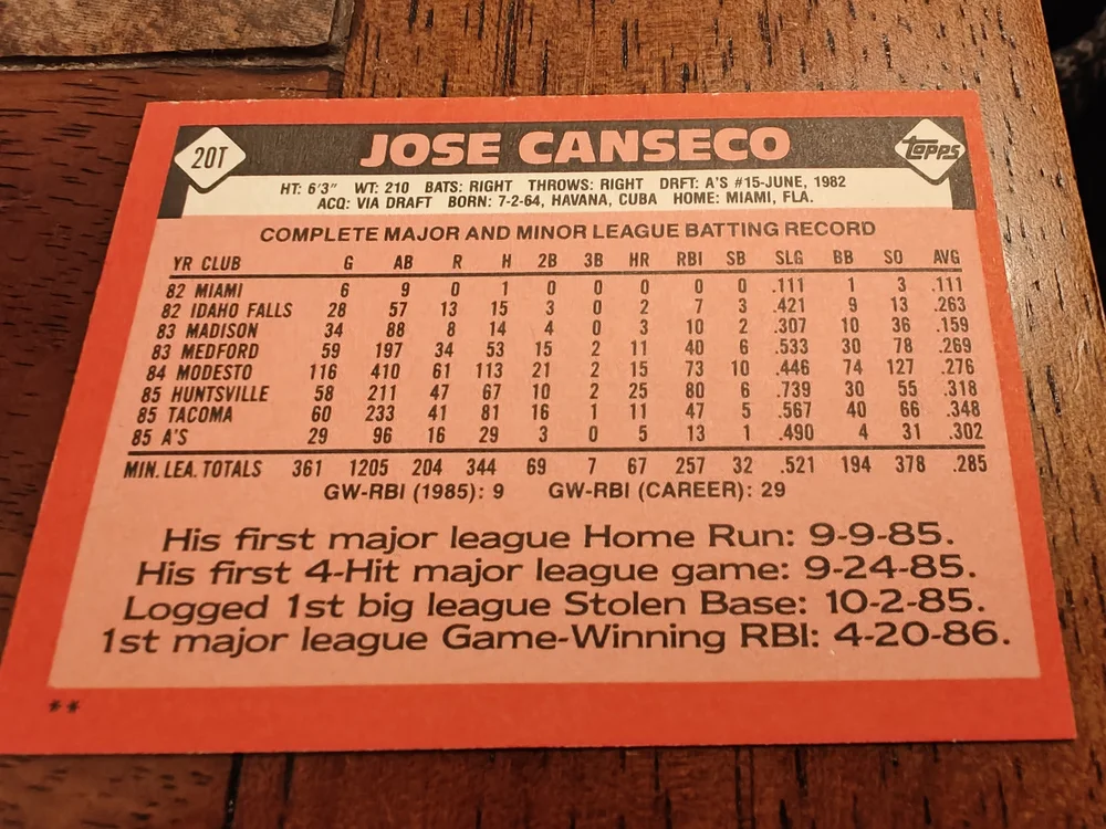 jose canseco stats card