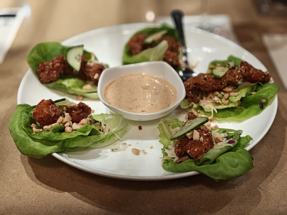 lettuce wraps with shrimp and a spicy sauce