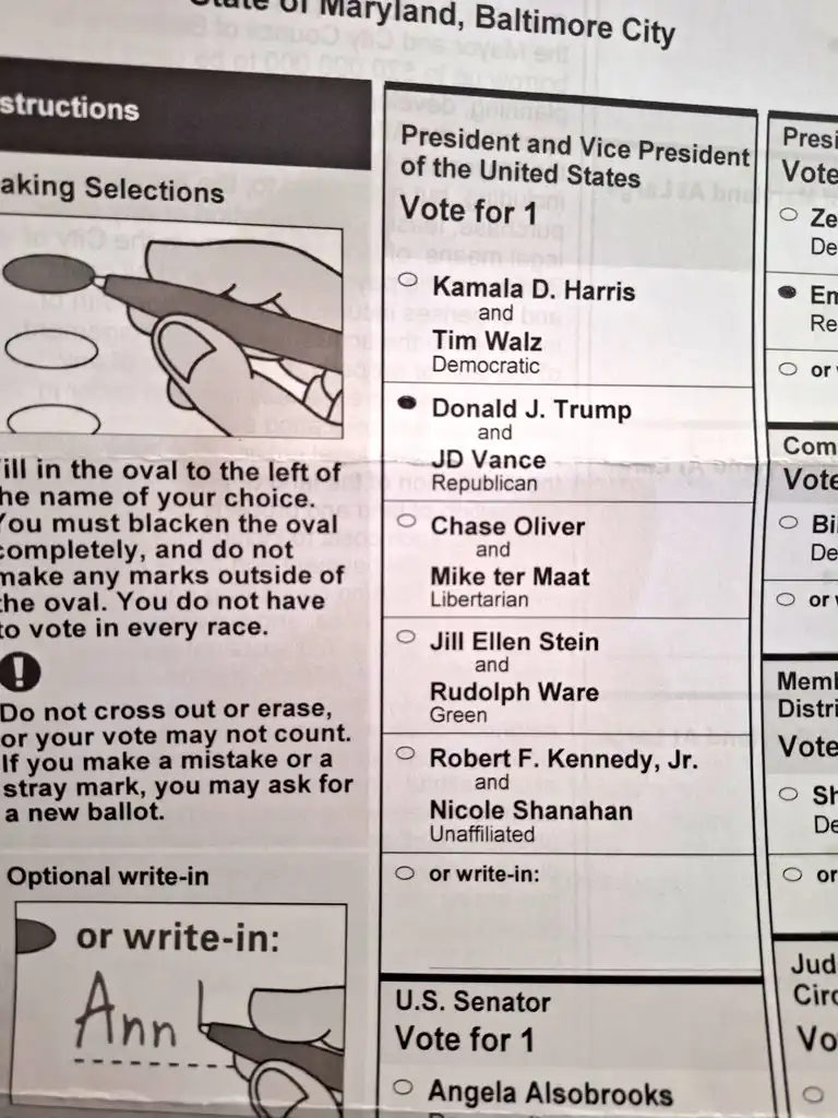 marylands presidentail ballot