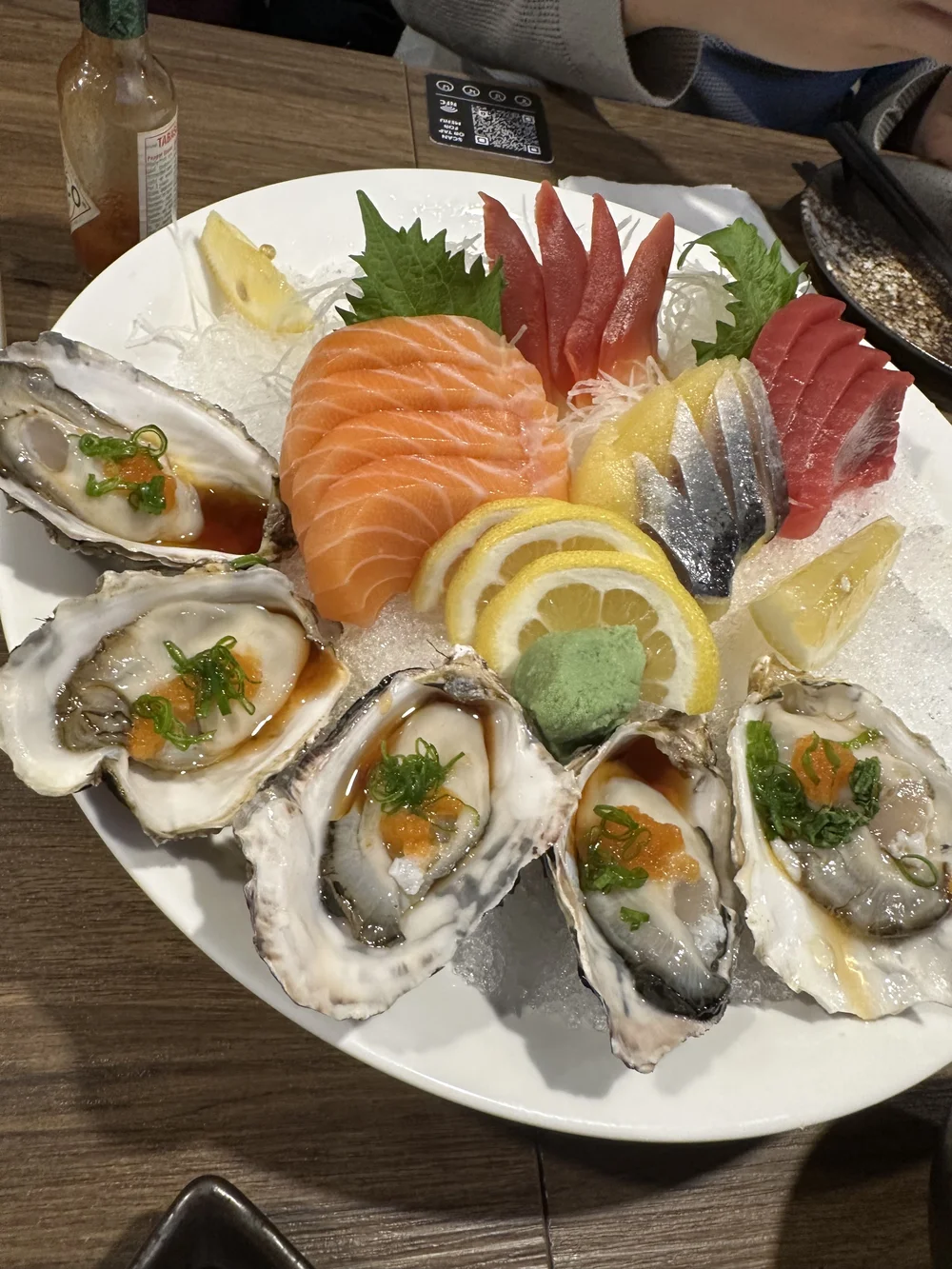 1 raw fish tuna salmon with raw oysters