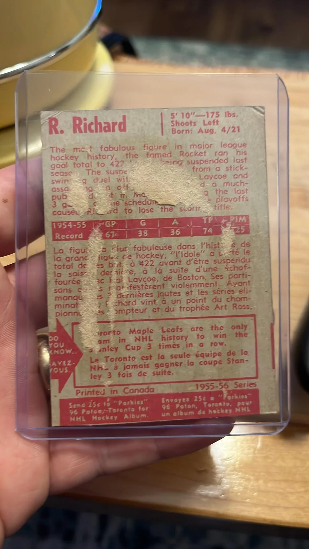 Rocket Richard card restoration before