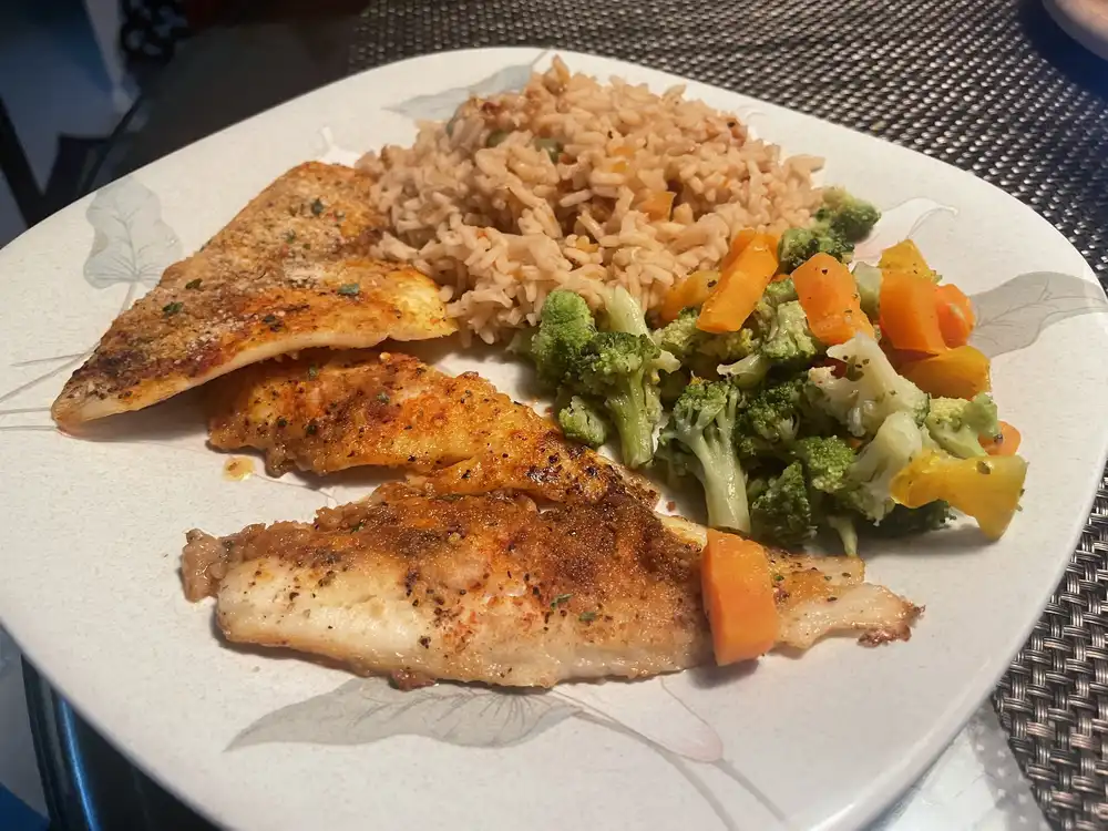 baked flounder with rice and frozen veggies