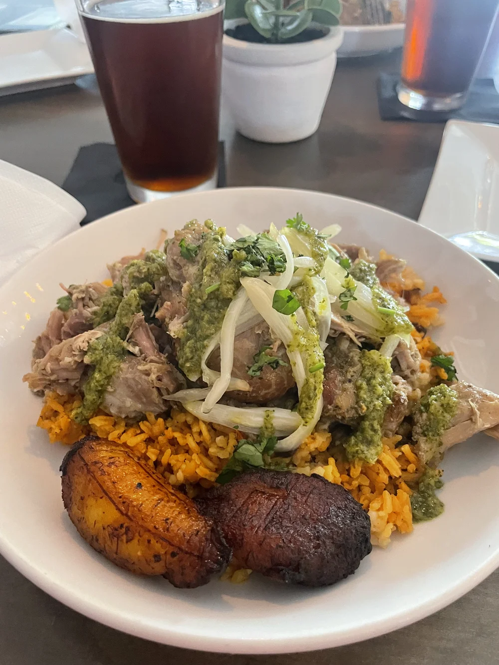 shredded pork meal with rice and plantains