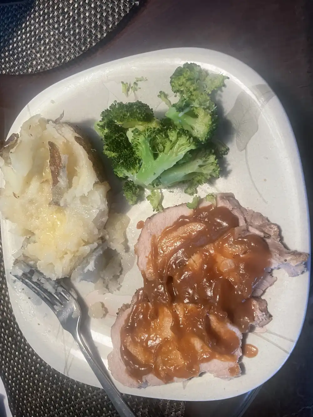 small pork loin roast with potato n broccoli