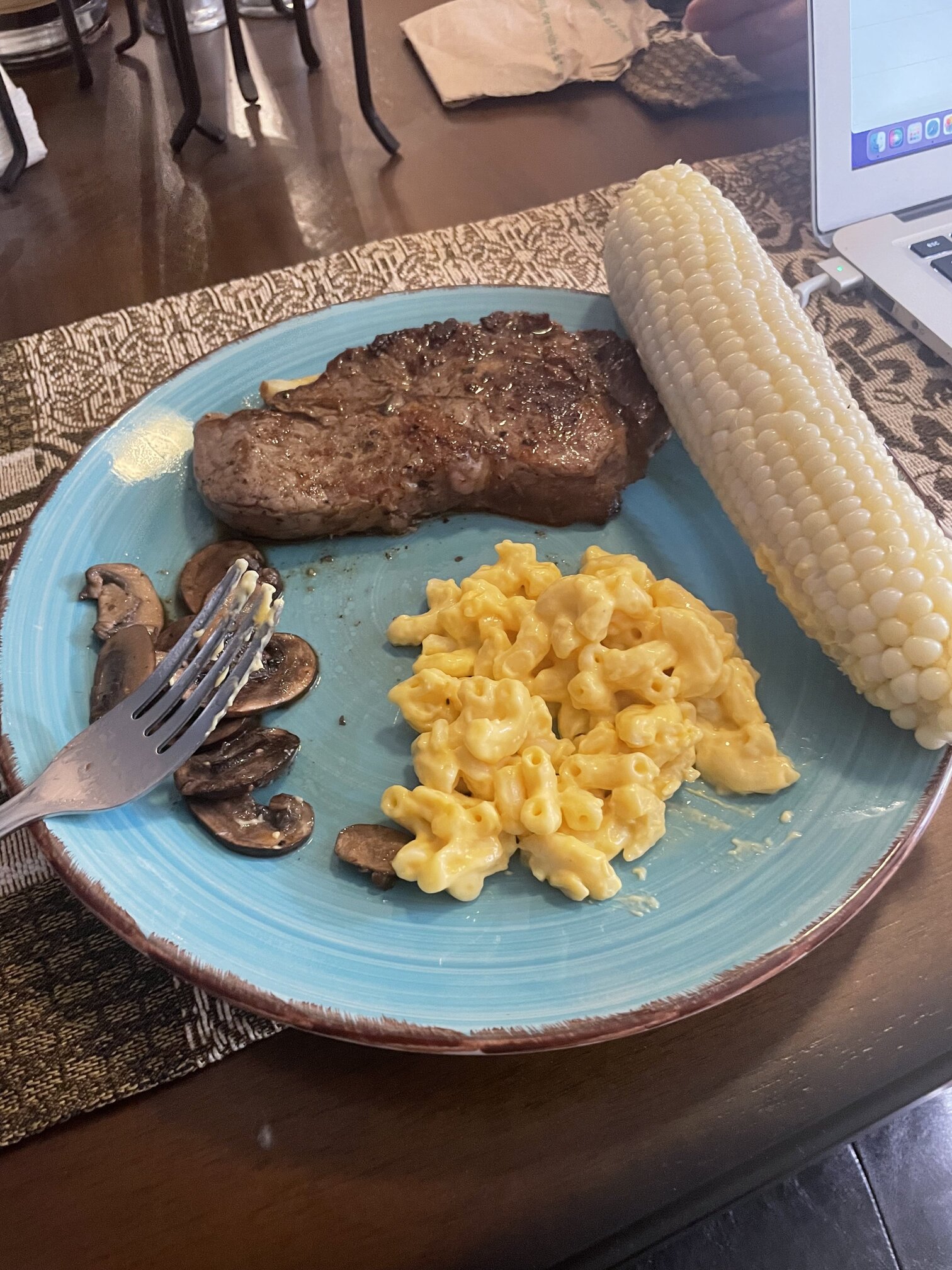 Strip steak, Mac n cheese, mushrooms and corn dinner 2