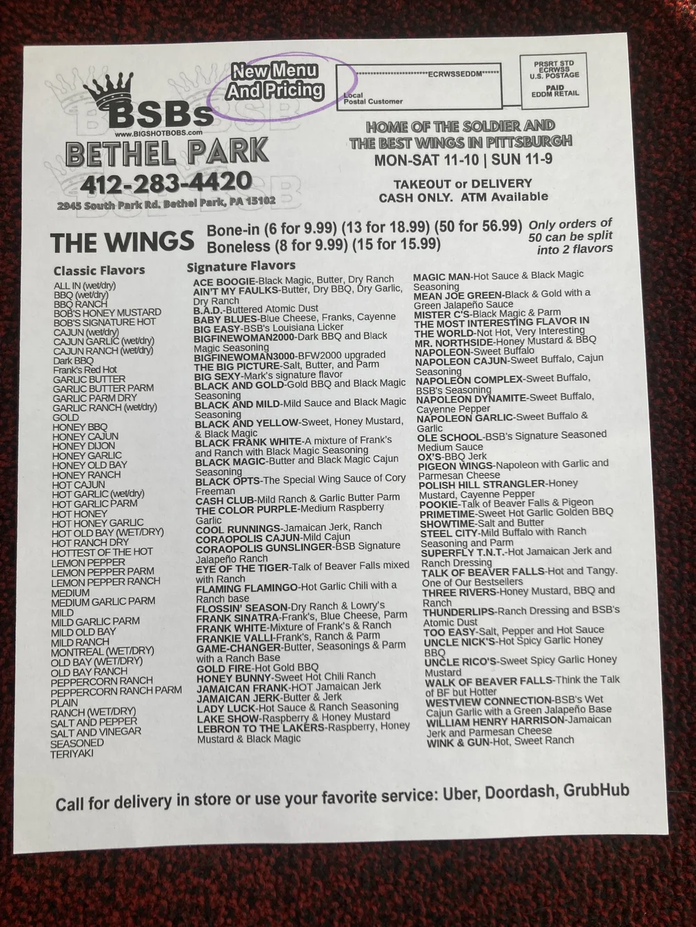 bsb bethel park menu