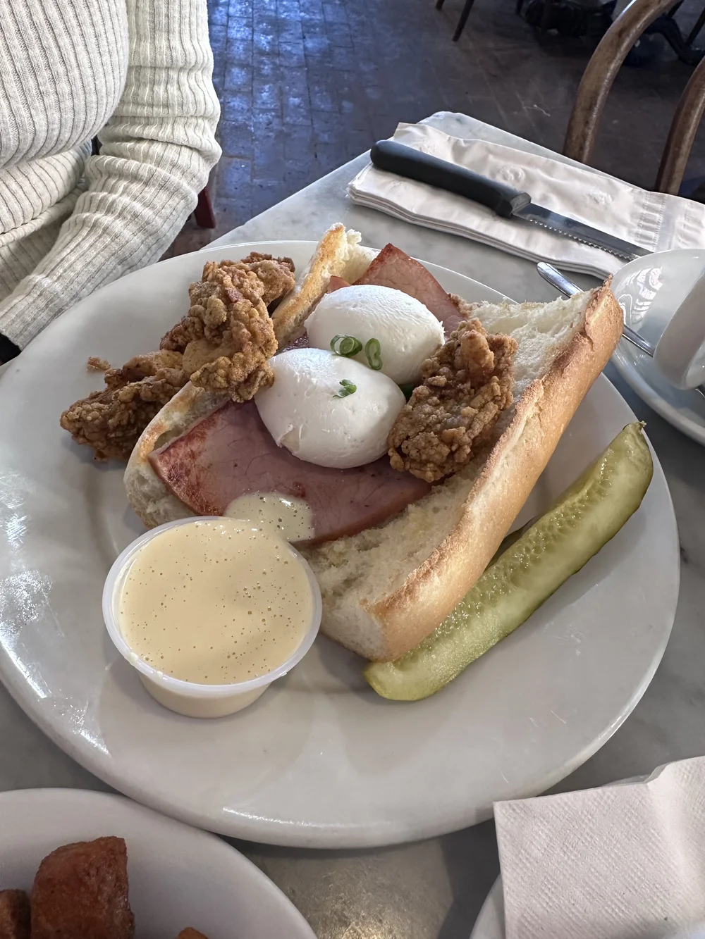 fried oysters, posched eggs and ham